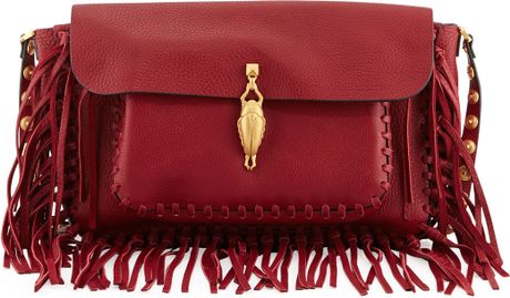 Valentino Crockee Scarab Fringe Shoulder Bag Red in Red | Lyst
