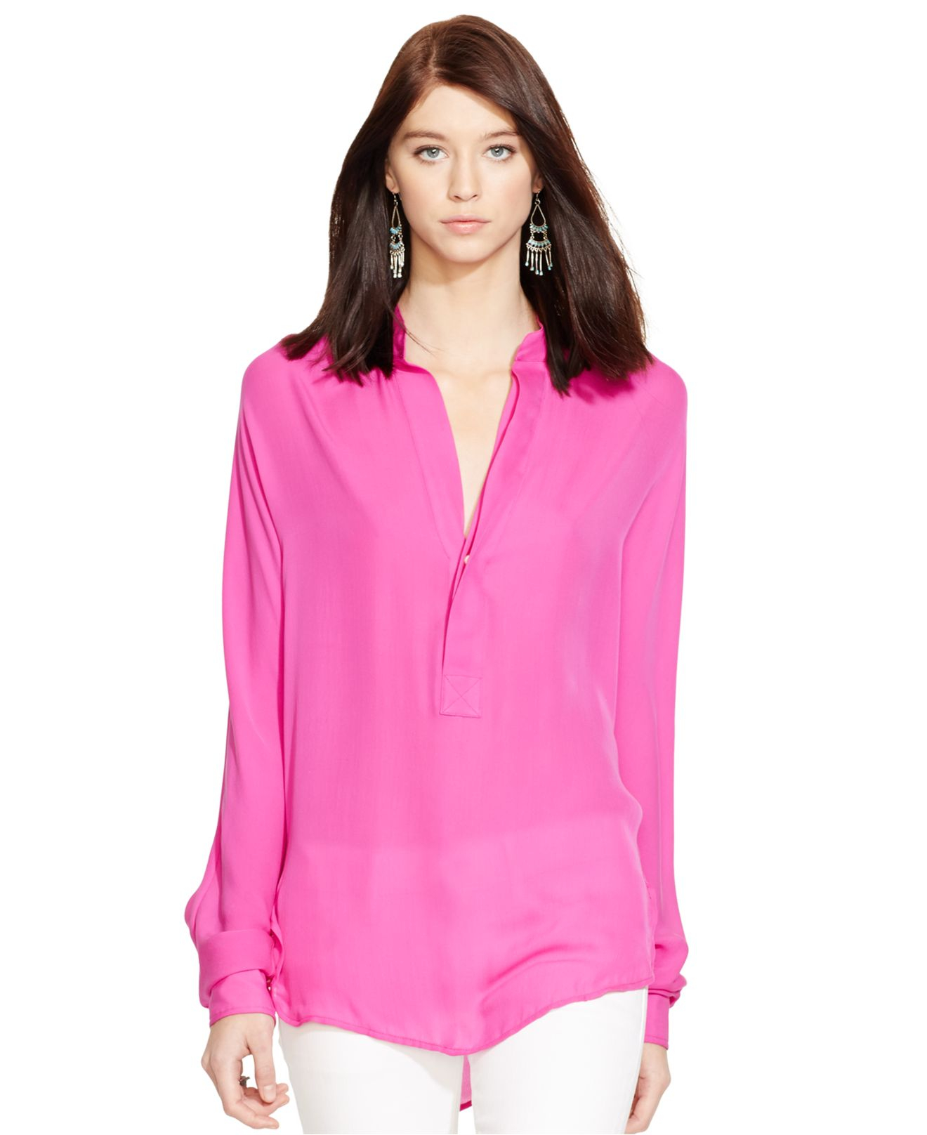 Polo ralph lauren Silk Split-Neck Blouse in Pink | Lyst