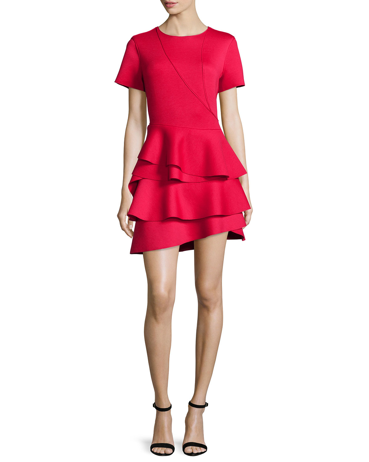 Dkny Short-sleeve Ruffle-skirt Dress in Red | Lyst