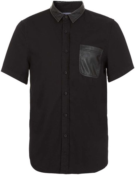 Topman Black Leather Look Collar Short Sleeve Shirt in Black for Men | Lyst