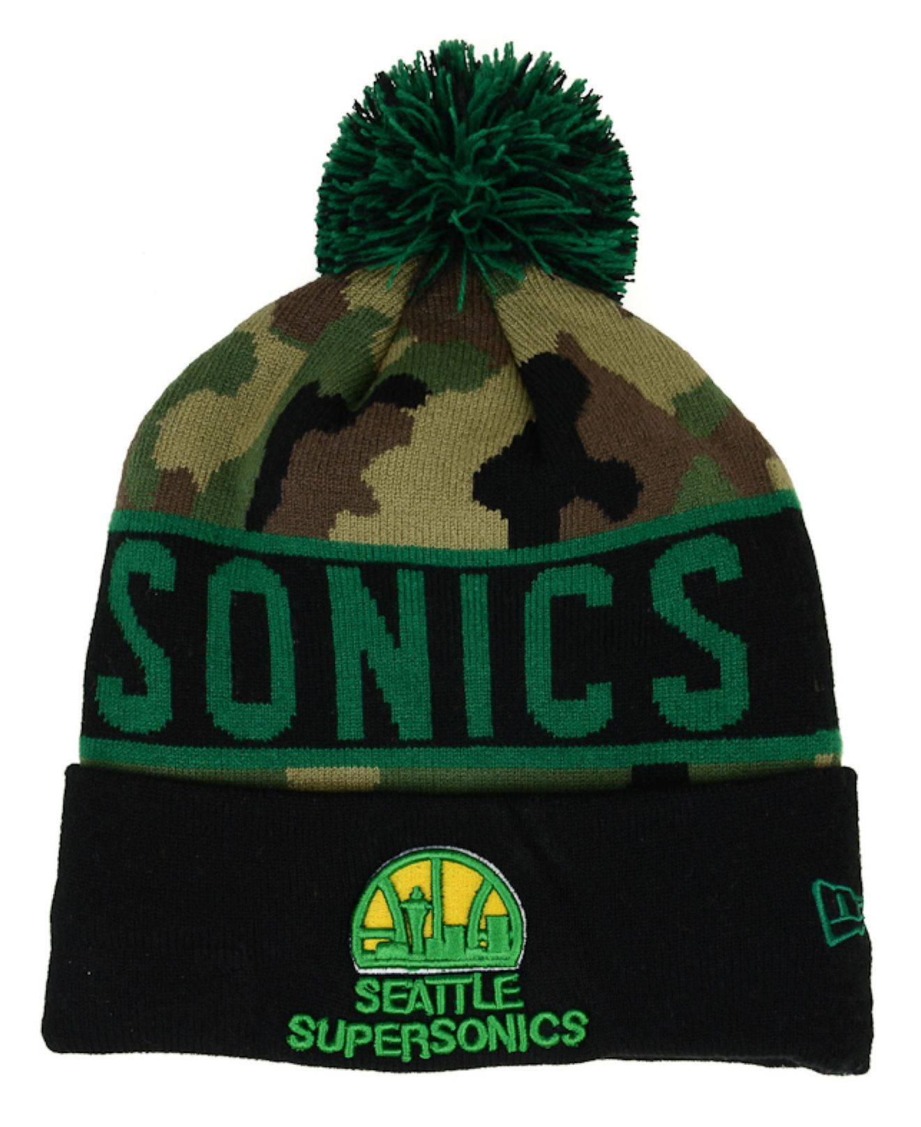 New era Seattle Supersonics Hardwood Classics Camo Pom Knit Hat in