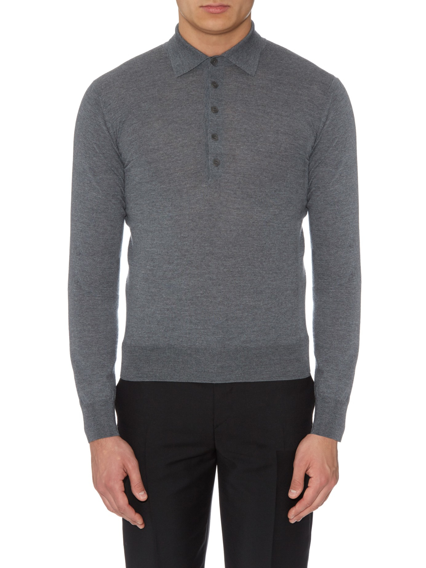 Lyst - Bottega Veneta Long-sleeved Merino-wool Polo Shirt in Gray for Men