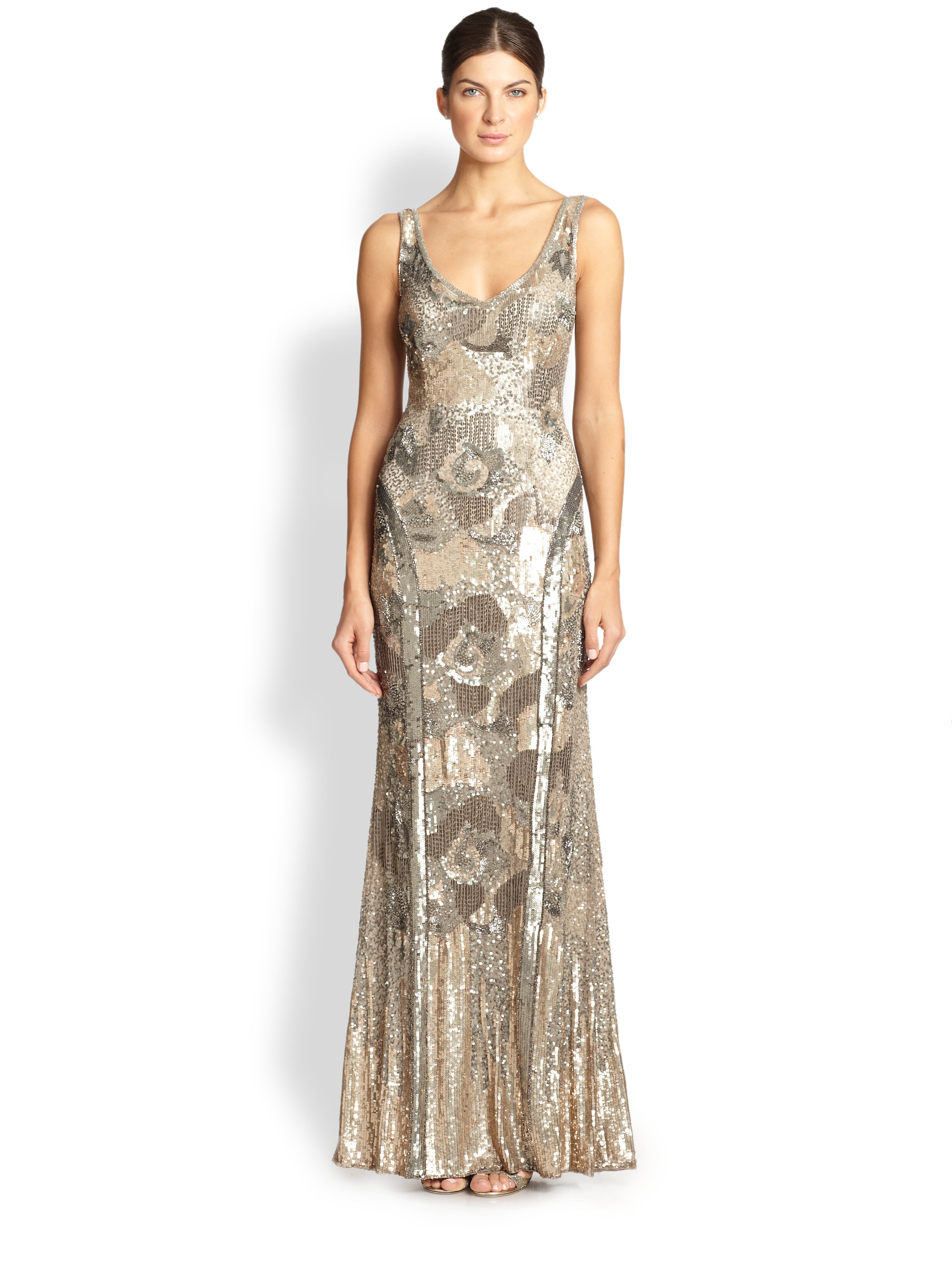 Lyst - Theia Sequined V-Neck Gown