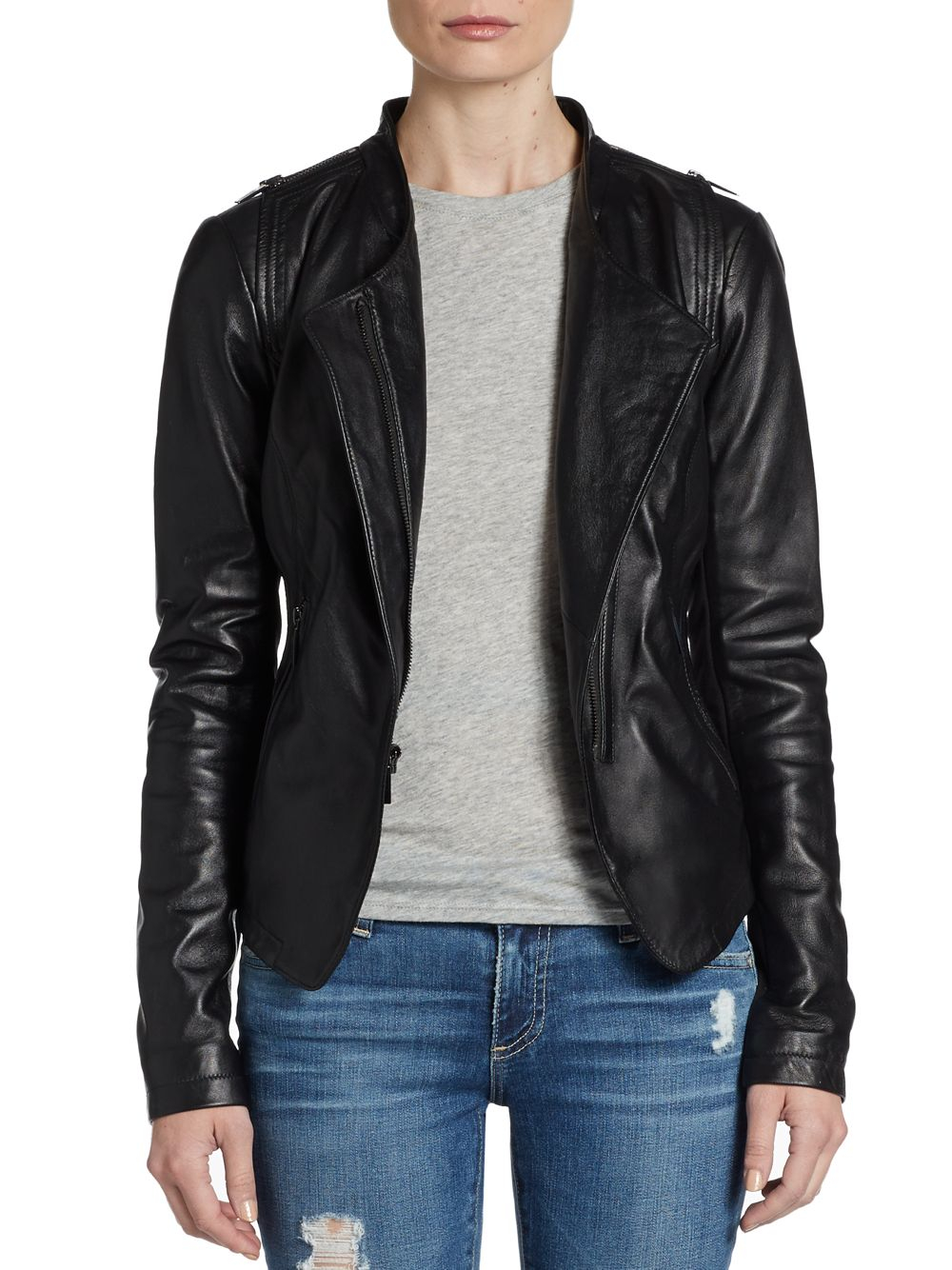 Lyst - Laundry By Shelli Segal Asymmetrical Zipfront Leather Jacket in ...