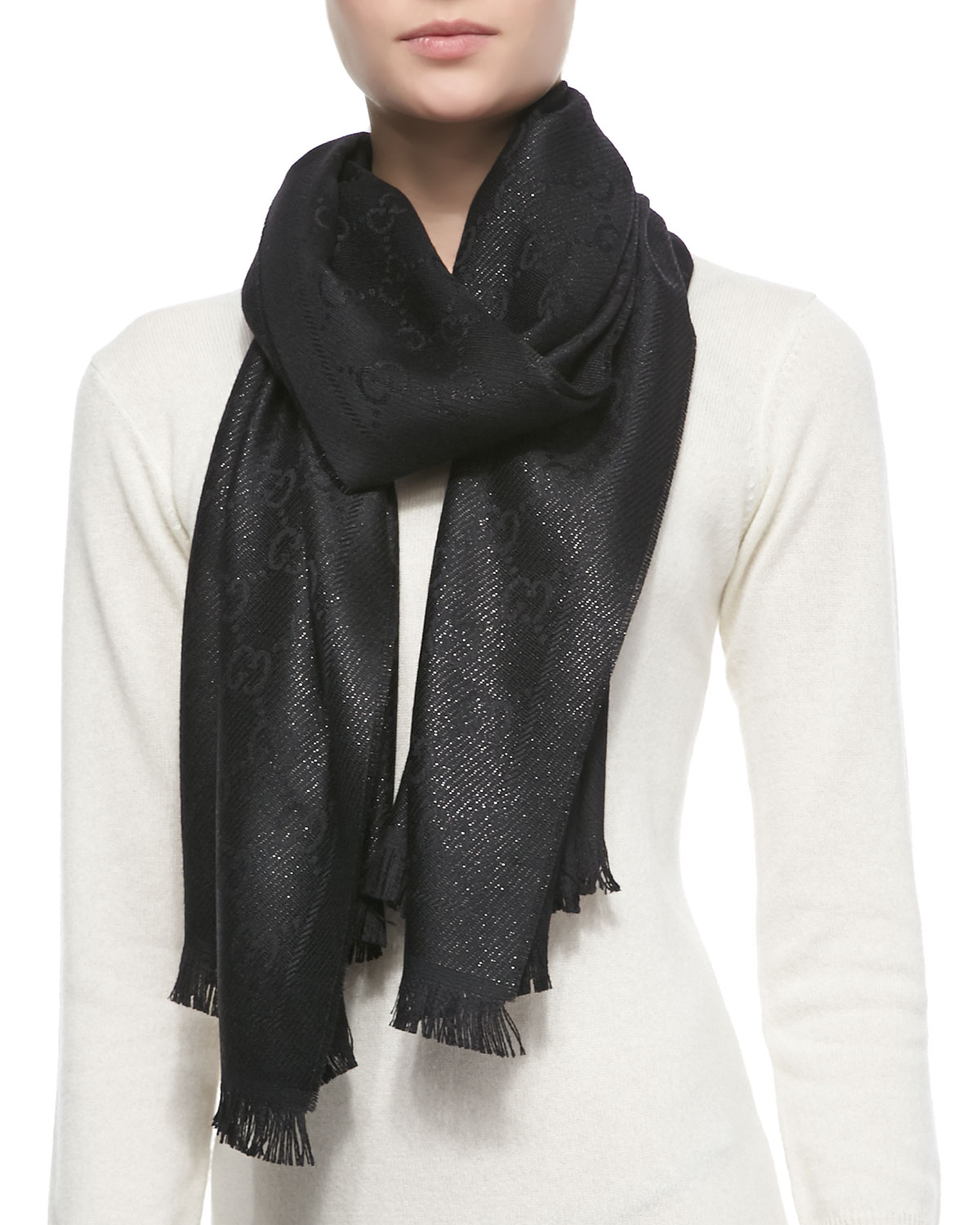 Gucci Shimmery Gg Pattern Scarf in Black | Lyst