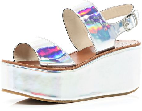 River Island Silver Holographic Flatform Sandals in Silver (Grey) | Lyst