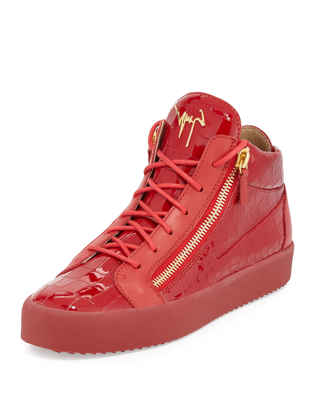 Lyst - Giuseppe Zanotti Croc-Embossed Leather Mid-Top Sneakers in Red ...