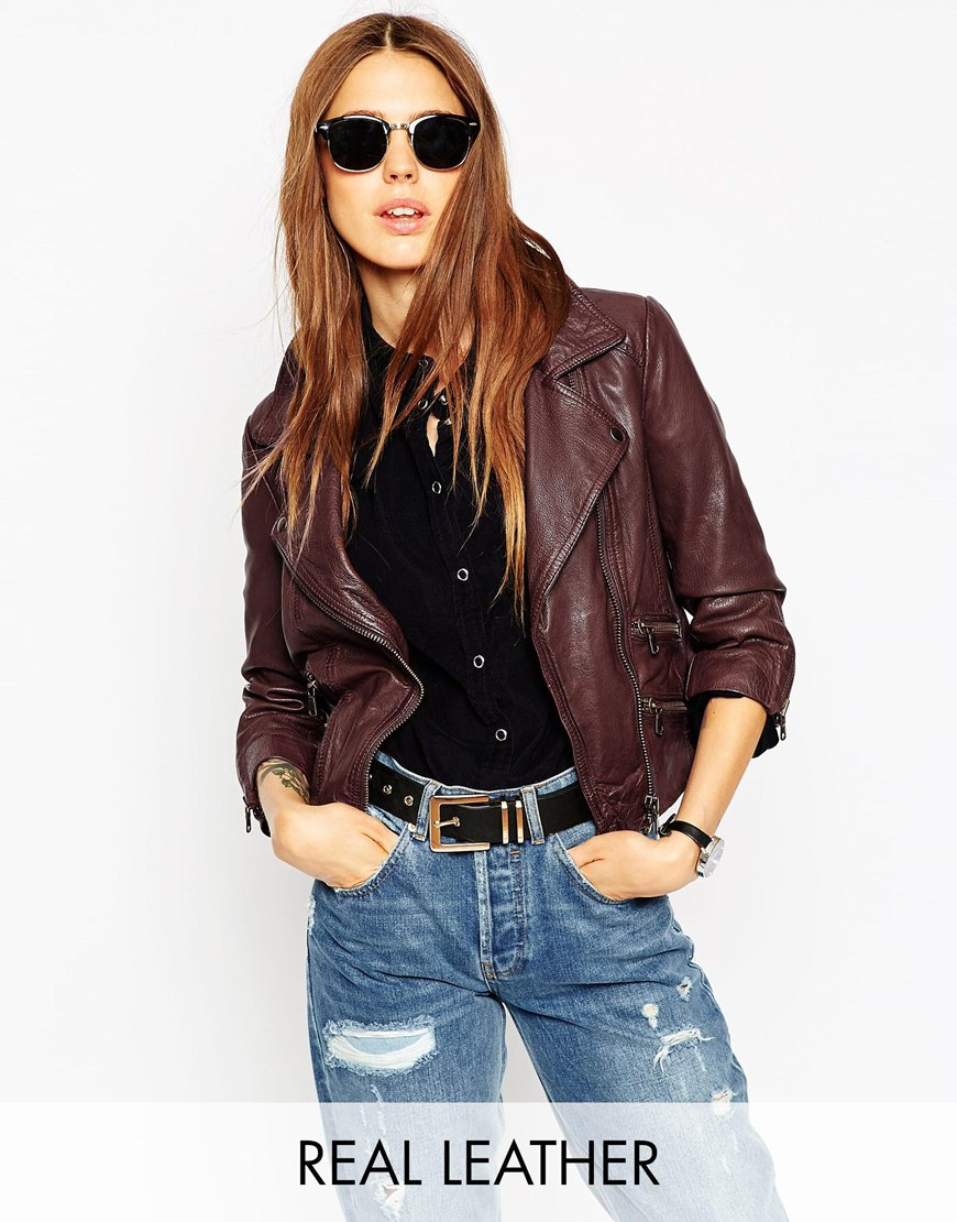 Lyst Asos Leather Biker Jacket In Vintage Look Brown Gallery