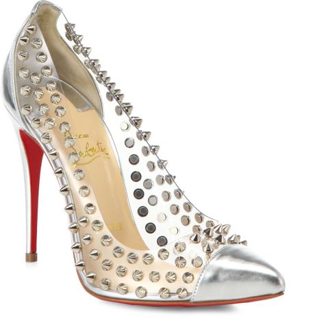 Christian Louboutin Spike Me Studded Metallic Leather Pumps in Silver ...
