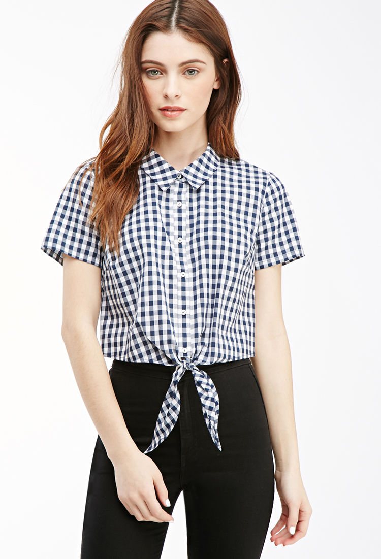 Forever 21 Cropped Knot-Front Gingham Shirt in Blue (CREAM/NAVY) | Lyst