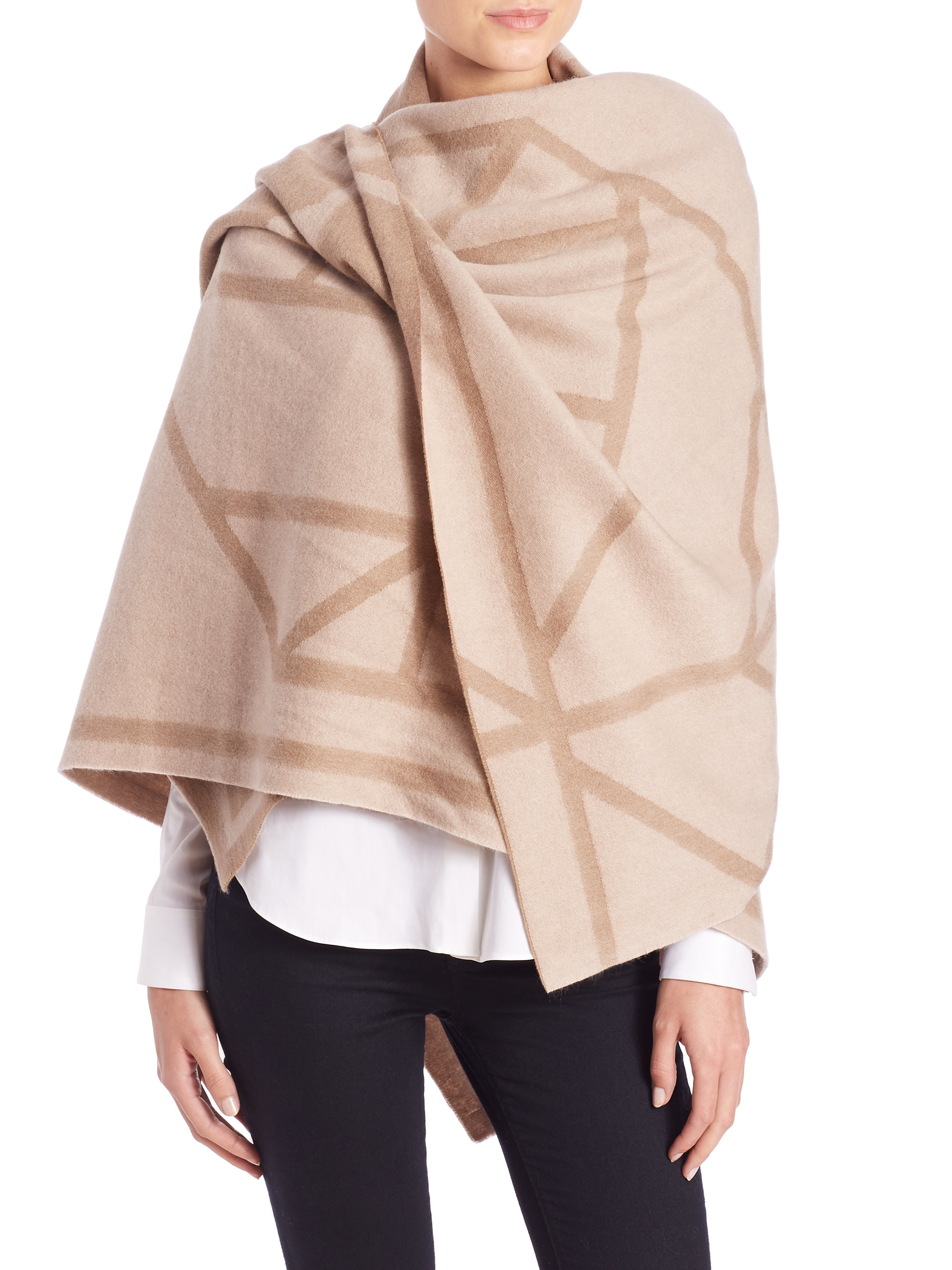 Lyst Tory Burch Fret Jacquard Wool & Cashmere Blanket Scarf in Brown