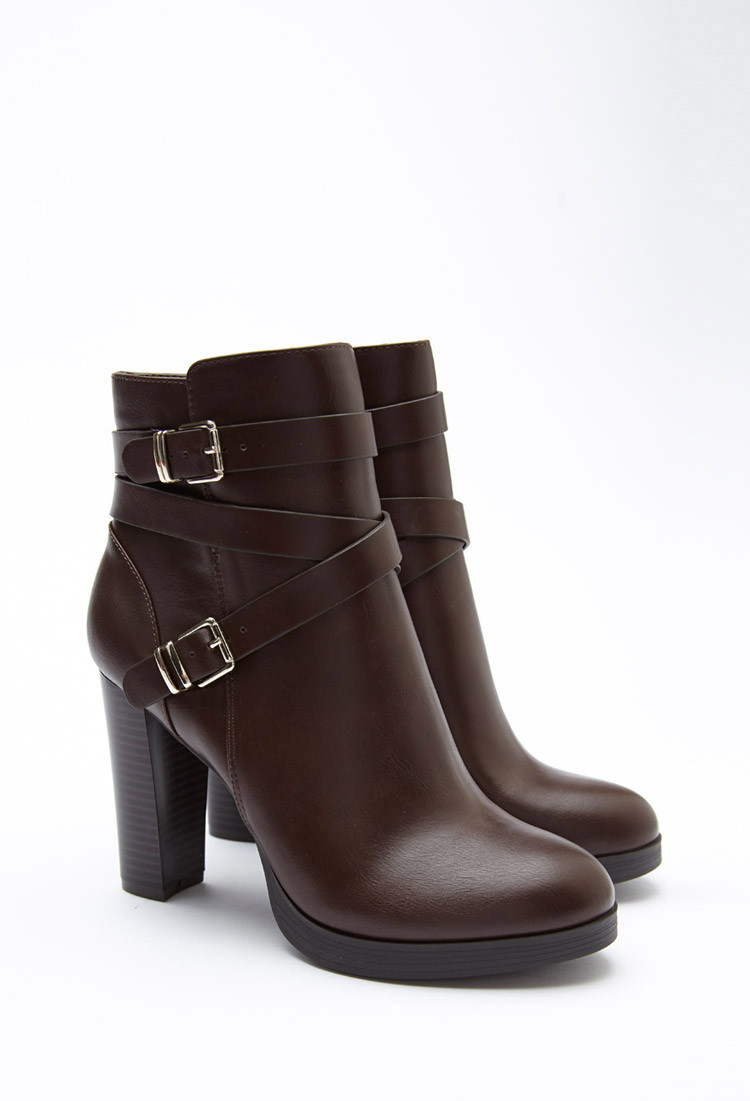 Lyst - Forever 21 Strappy Faux Leather Booties in Brown