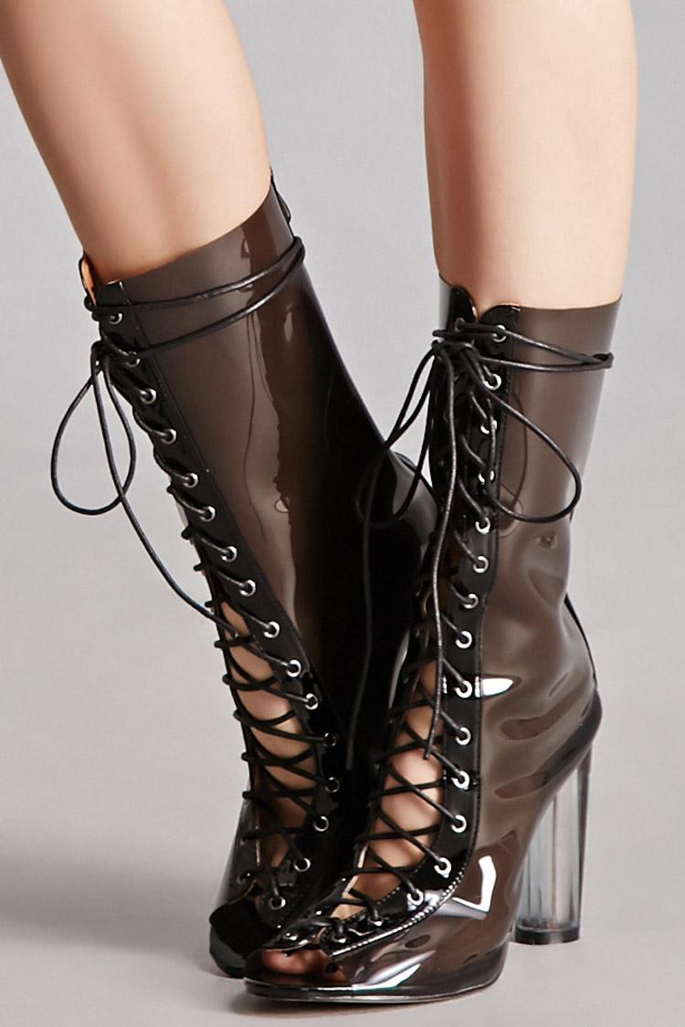 Lyst Forever 21 Clear Laceup Lucite Heel Boots in Black