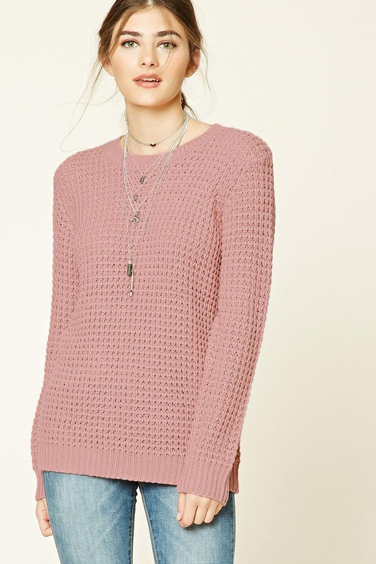 forever 21 boxy waffle knit sweater in pink lyst forever 21 boxy waffle knit sweater in pink lyst