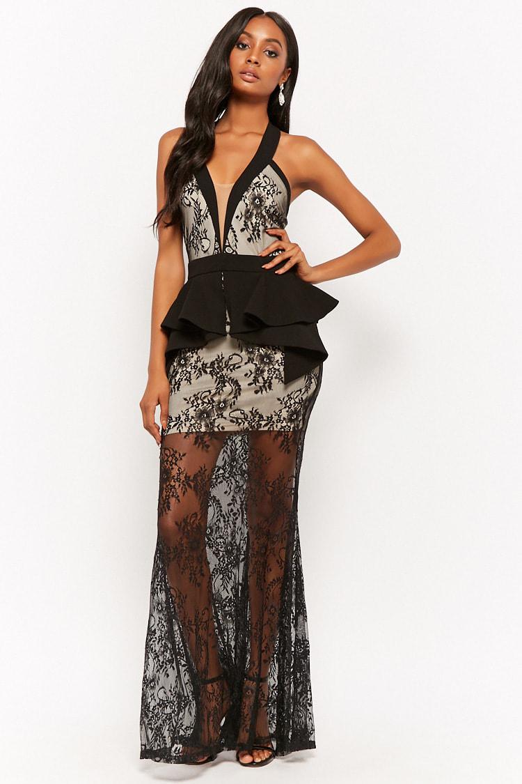 Black Lace Halter Prom Dress