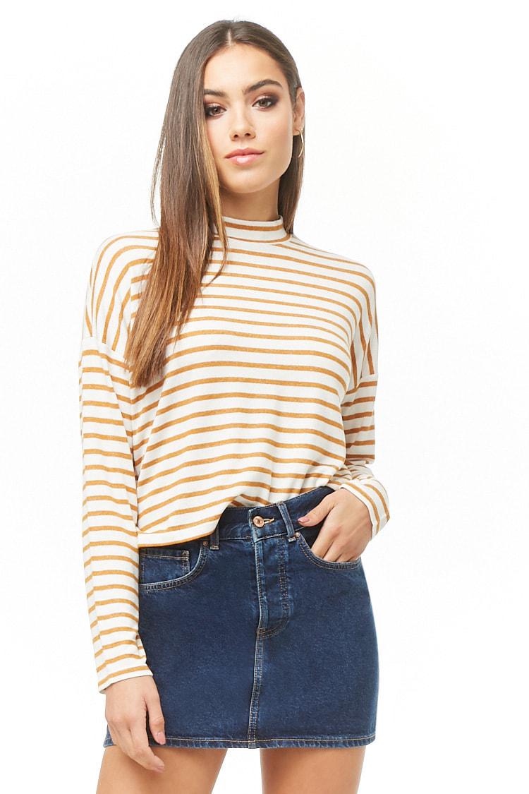 Download Forever 21 Women's Striped Mock Neck Top in Natural - Lyst