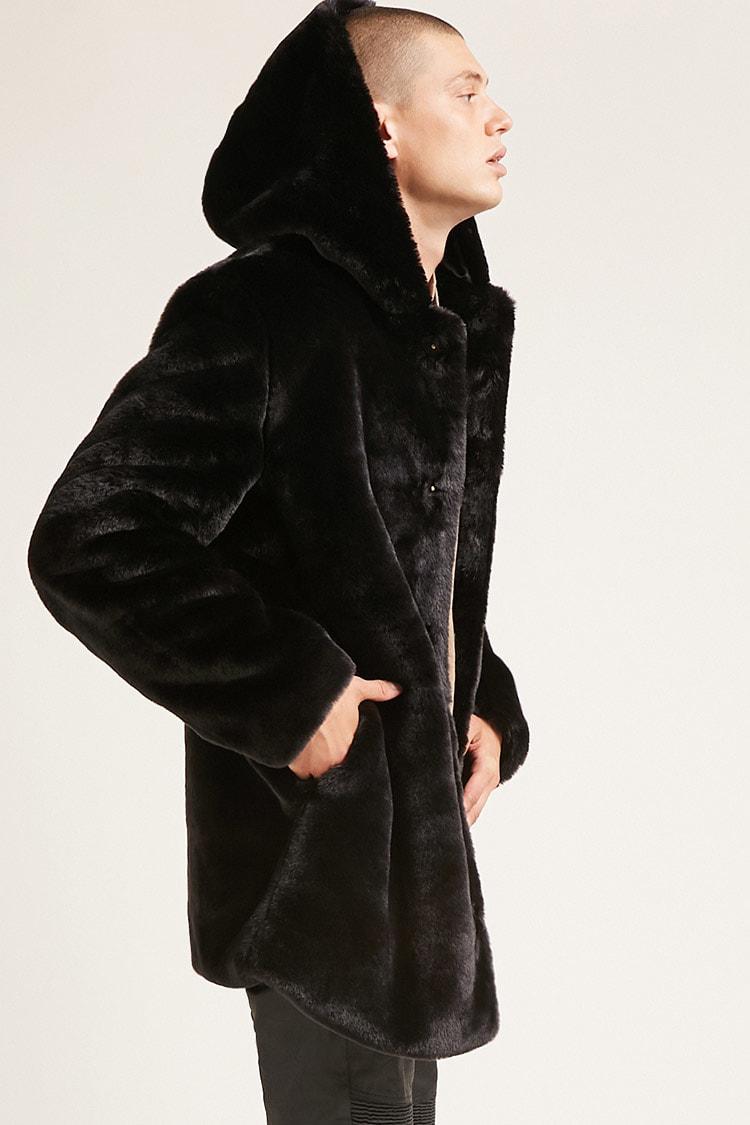 Forever 21 Black Hooded Faux Fur Coat For Men