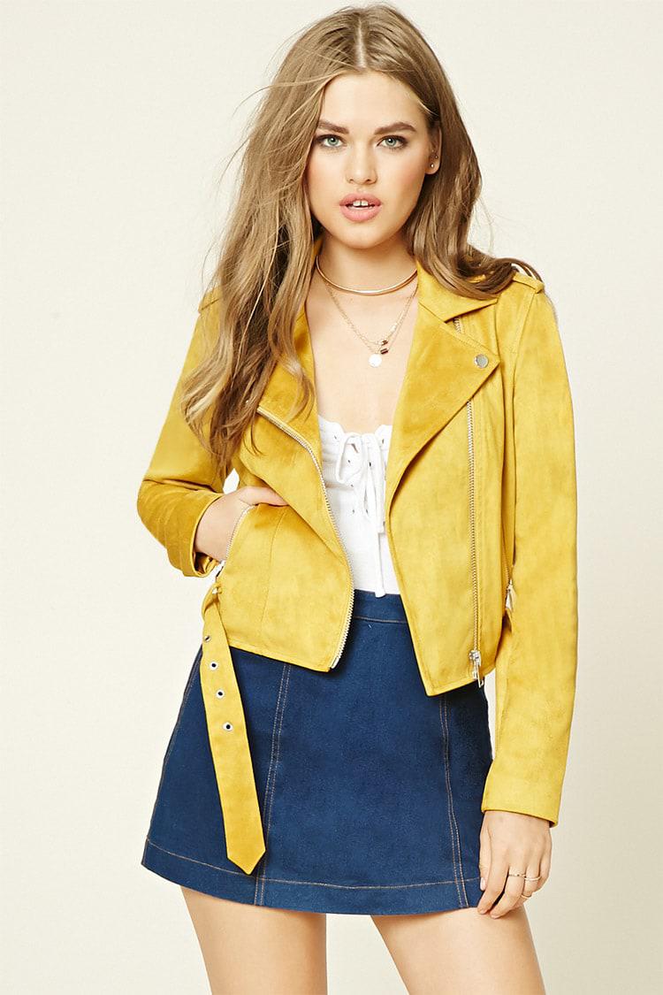 Forever 21 Faux Suede Moto Jacket In Yellow Lyst Gallery