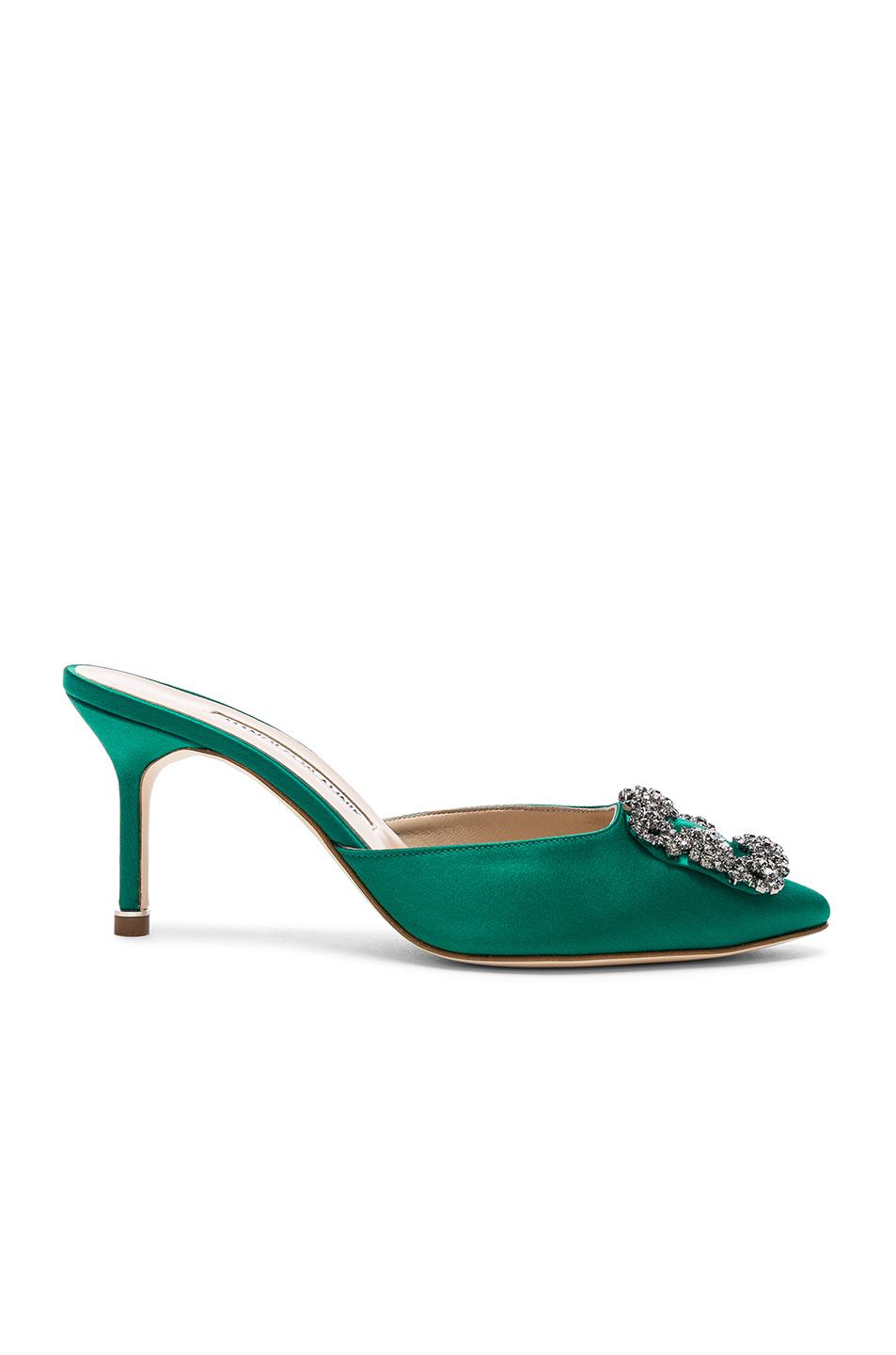 Manolo Blahnik Green Hangisi 70 Crystal Buckle Satin Mules - Save 24% ...