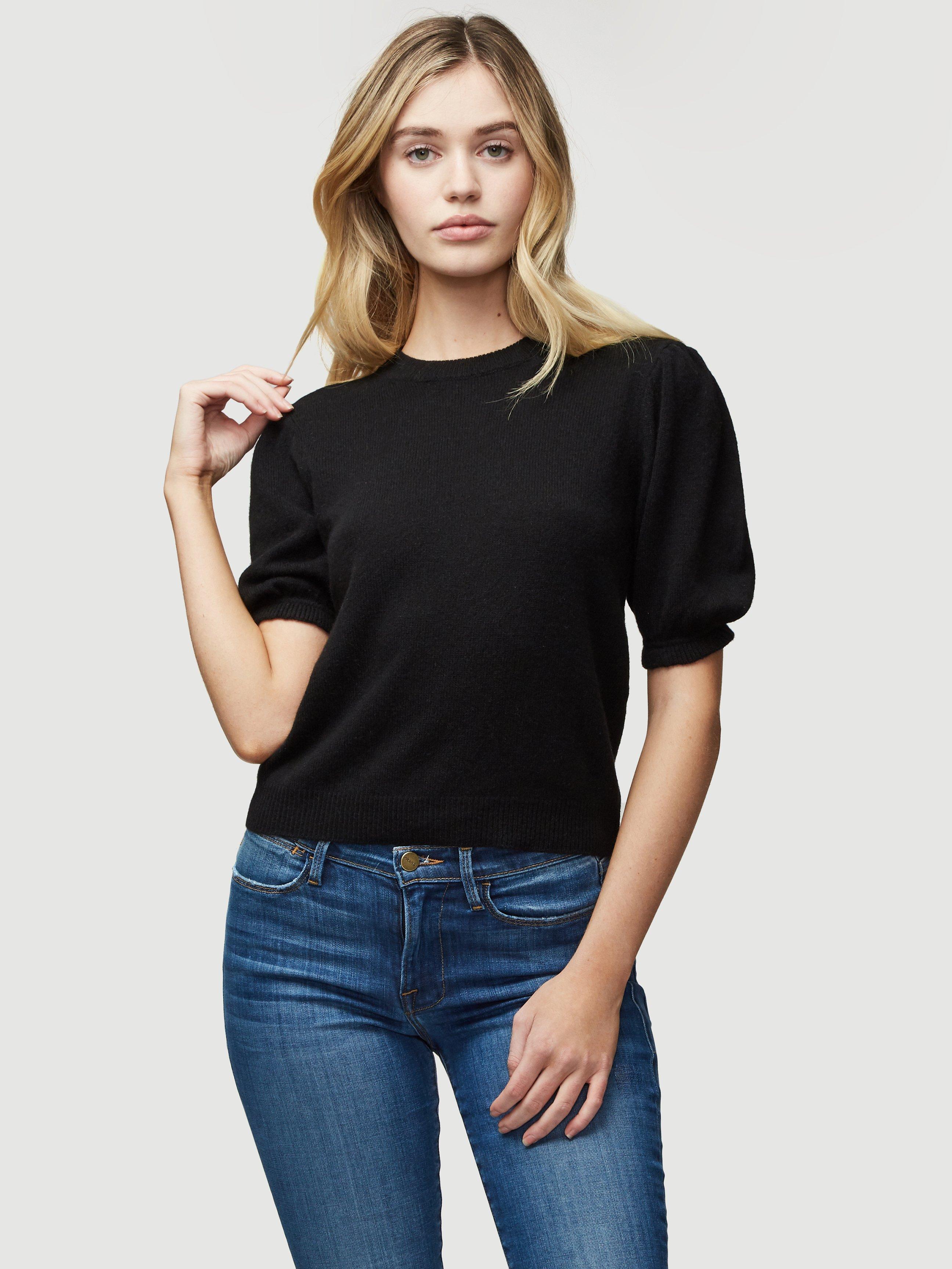 FRAME Sustainable Cashmere Shirred Short Sleeve Sweater in Black - Lyst