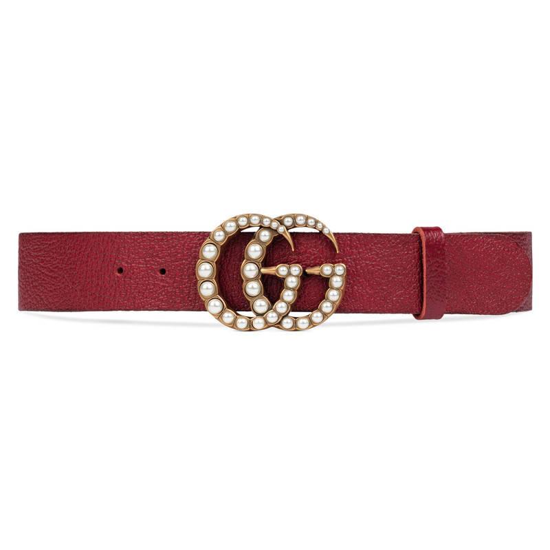 Gucci Imitation Pearl Double-g Leather Belt in Red | Lyst