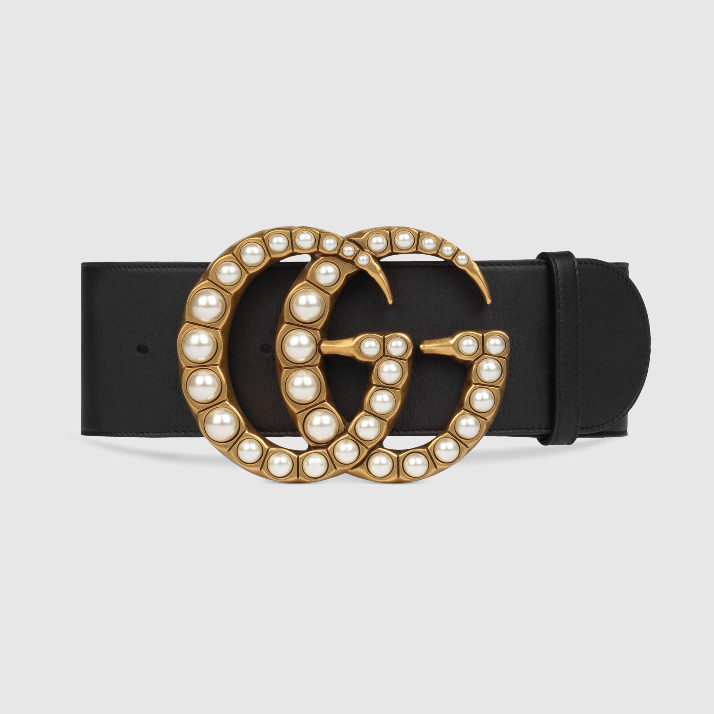 Gucci Wide Leather Belt With Pearl Double G in Black | Lyst