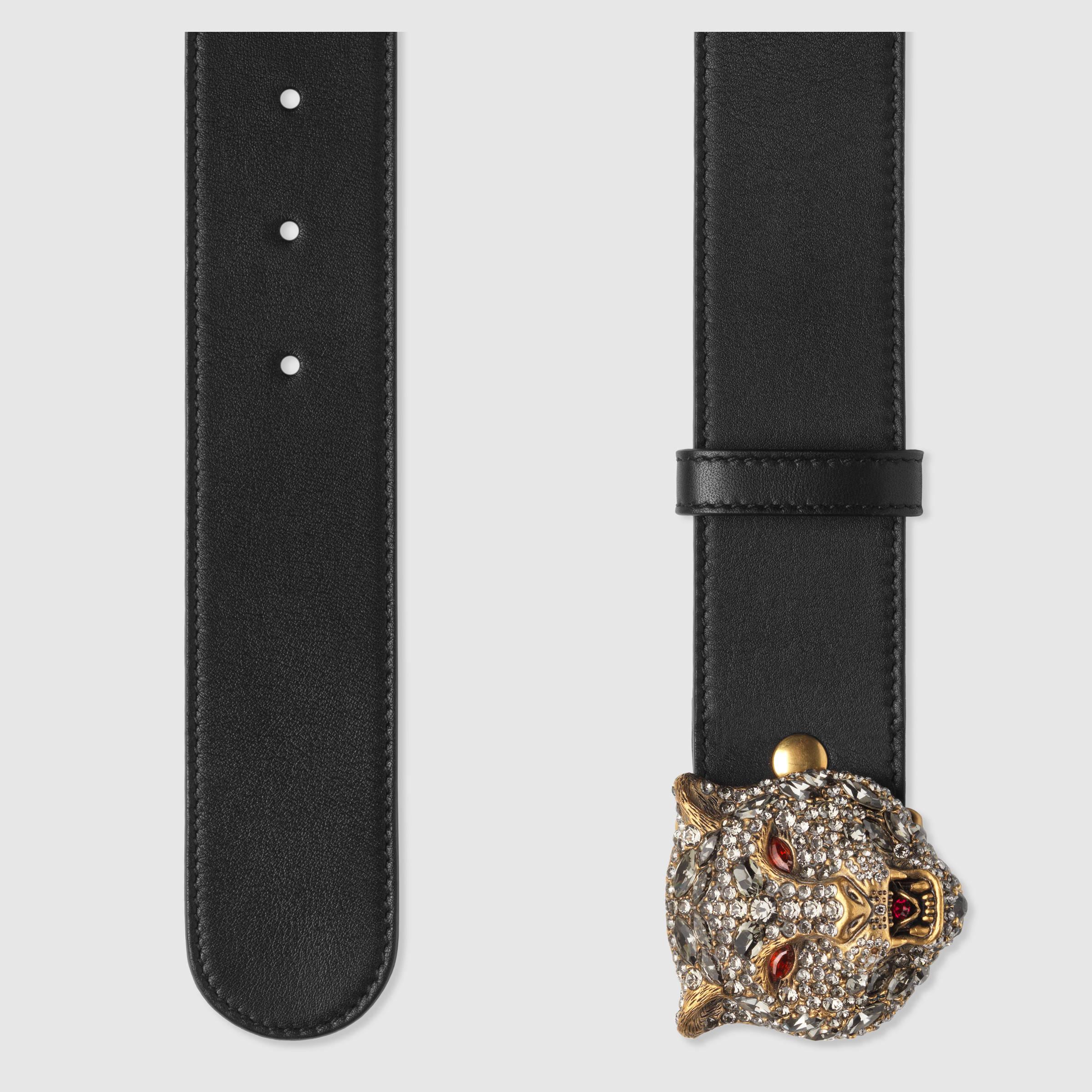 Lyst - Gucci Leather Belt With Crystal Feline Head in Black