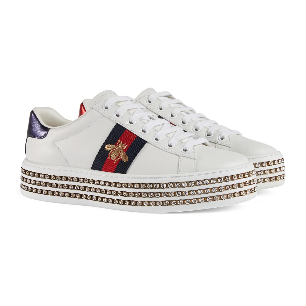 Gucci Leather Ace Sneaker With Crystals in White Silver (White) - Lyst