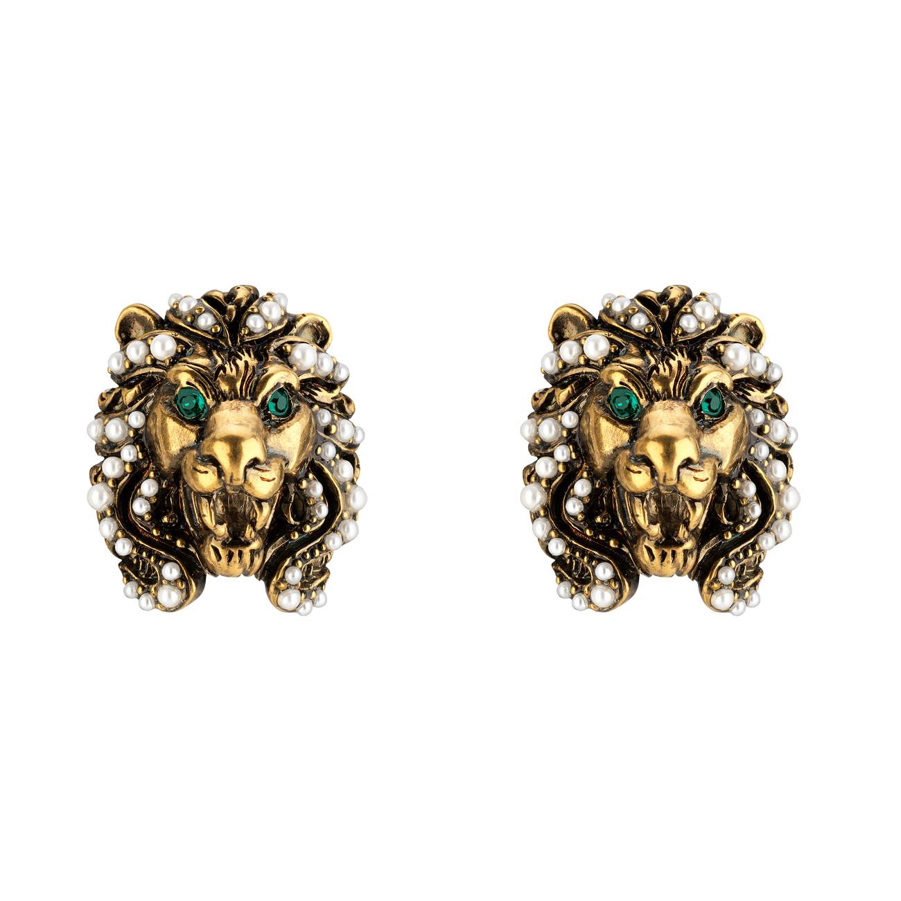 Gucci Lion Head Earrings With Pearls in Metallic Lyst