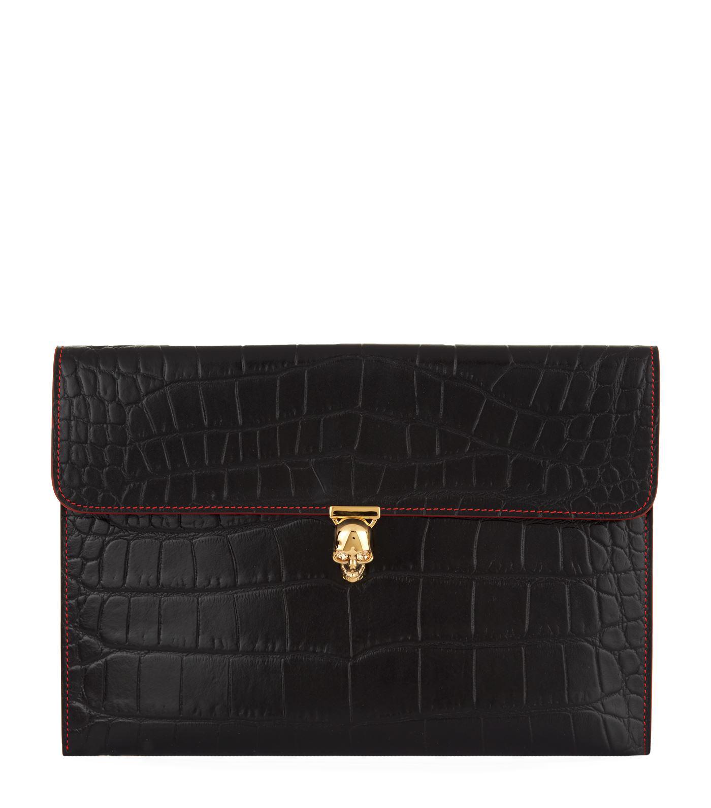 Lyst Alexander Mcqueen Croc Embossed Skull Envelope Clutch in Black