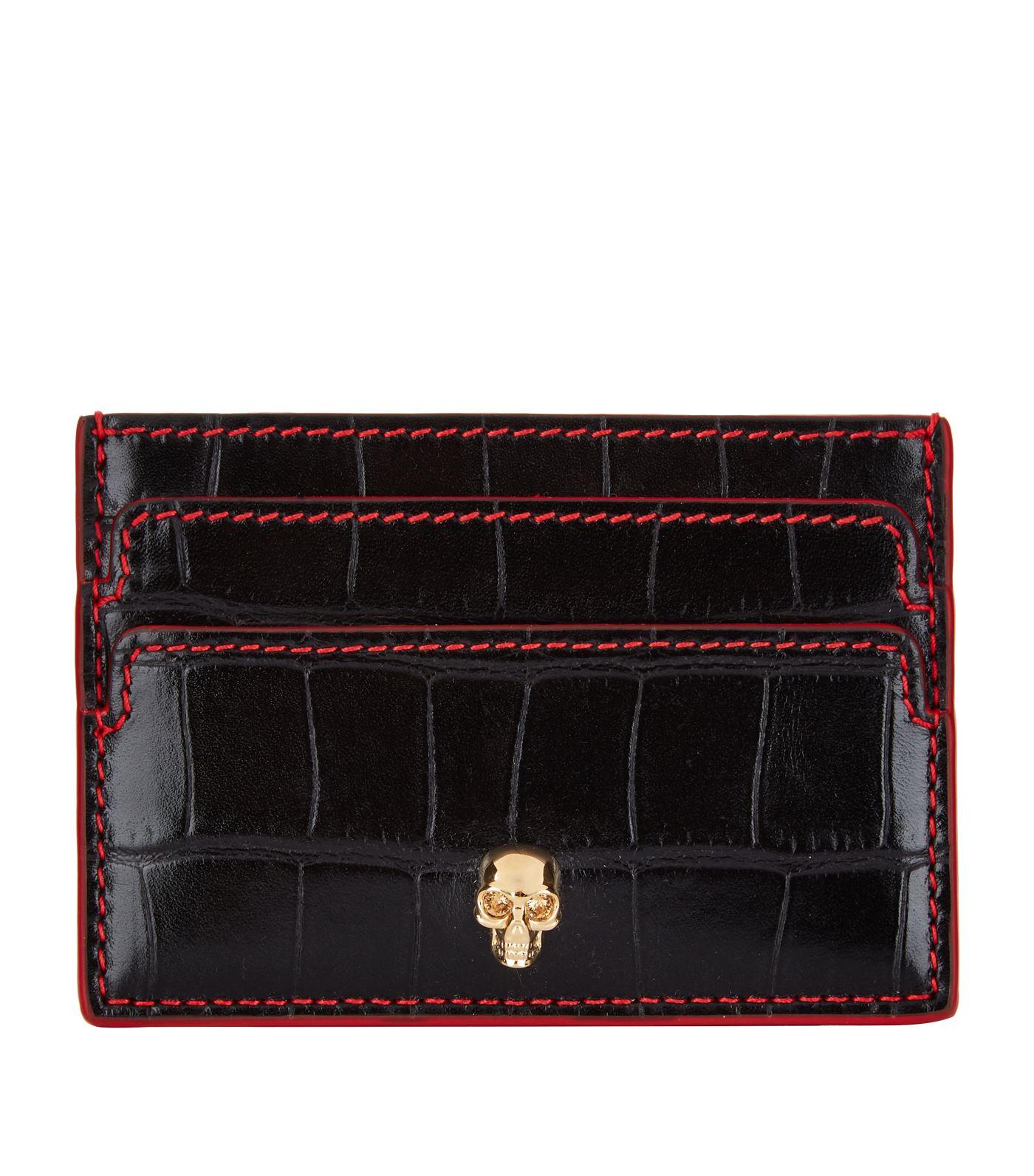 Alexander McQueen Crocembossed Skull Card Holder in Black