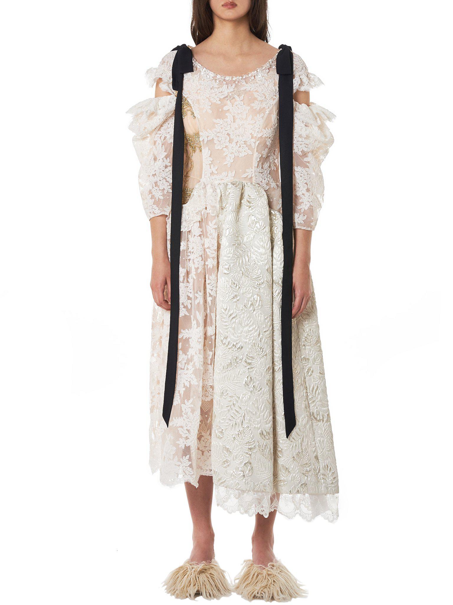 Simone Rocha Lace Ribbon Shoulder Brocade Dress in White - Lyst