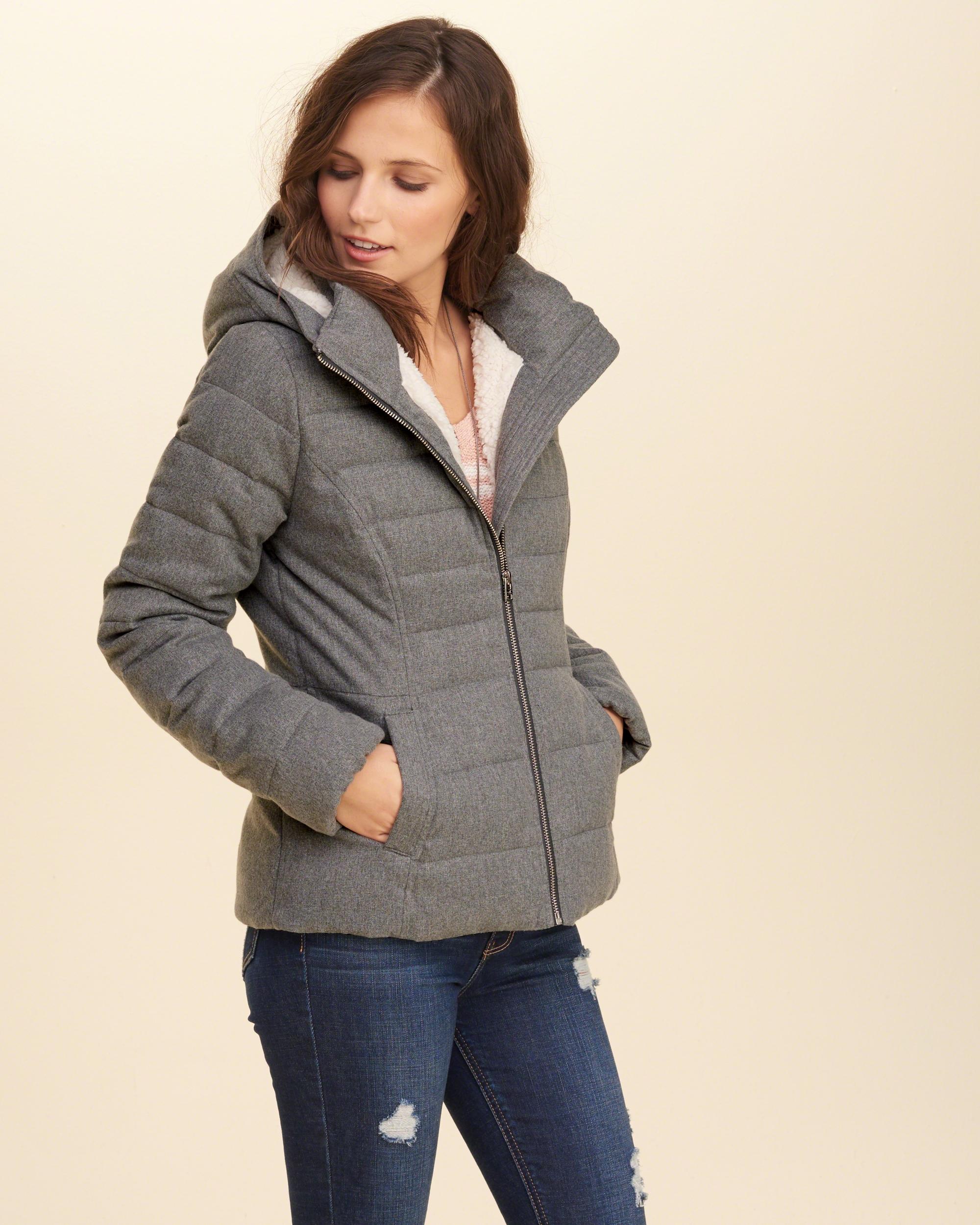 Hollister Sherpa Lined Puffer Jacket In Gray Lyst