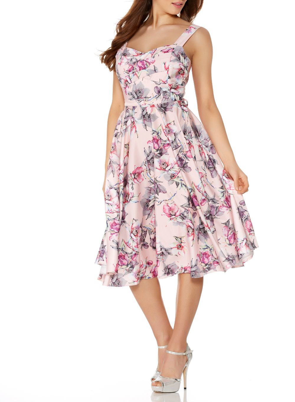  Quiz  Pink  Satin Flower Print Prom  Dress  in Pink  Lyst