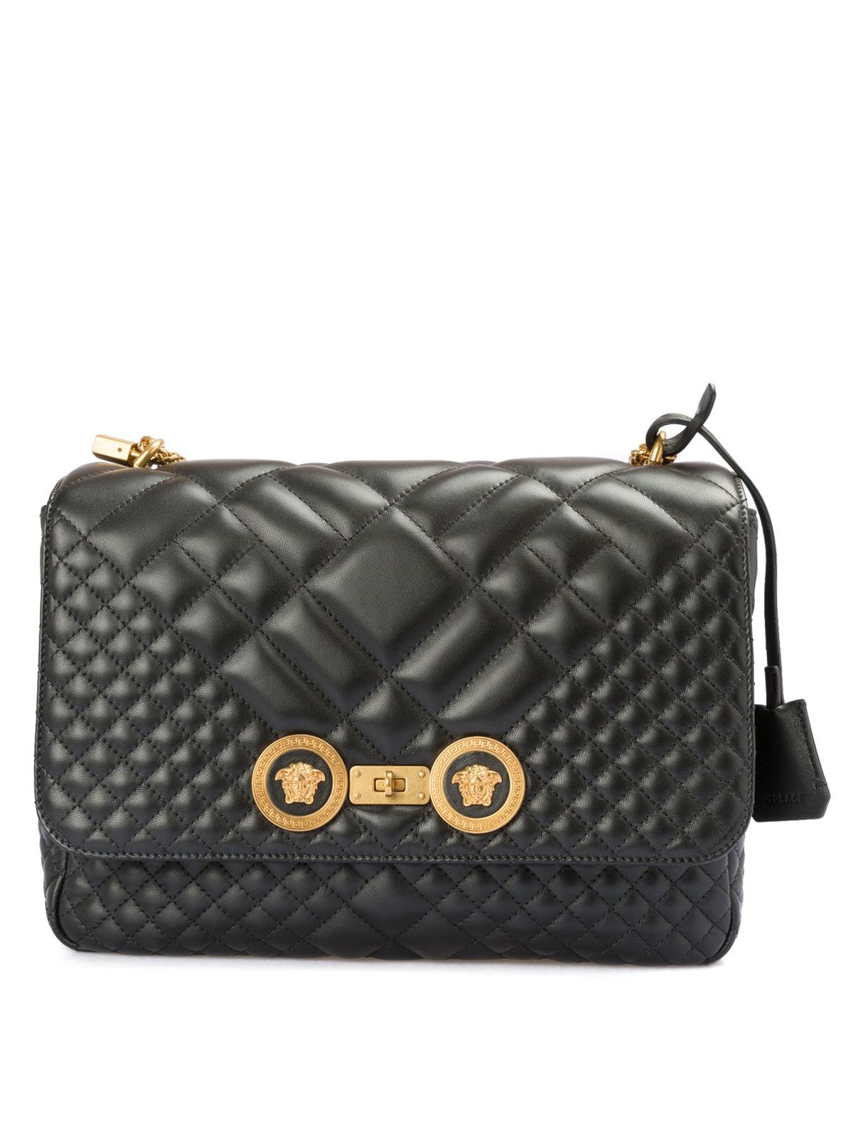 Versace Leather Goldtone Double Logo Quilted Crossbody Bag in Black Lyst