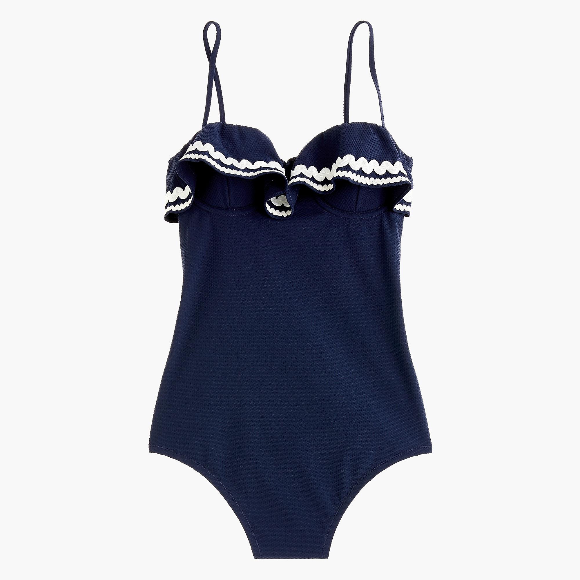 Jcrew Synthetic Ruffle Underwire One Piece Swimsuit In Piqué Nylon With Rickrack Trim In Navy