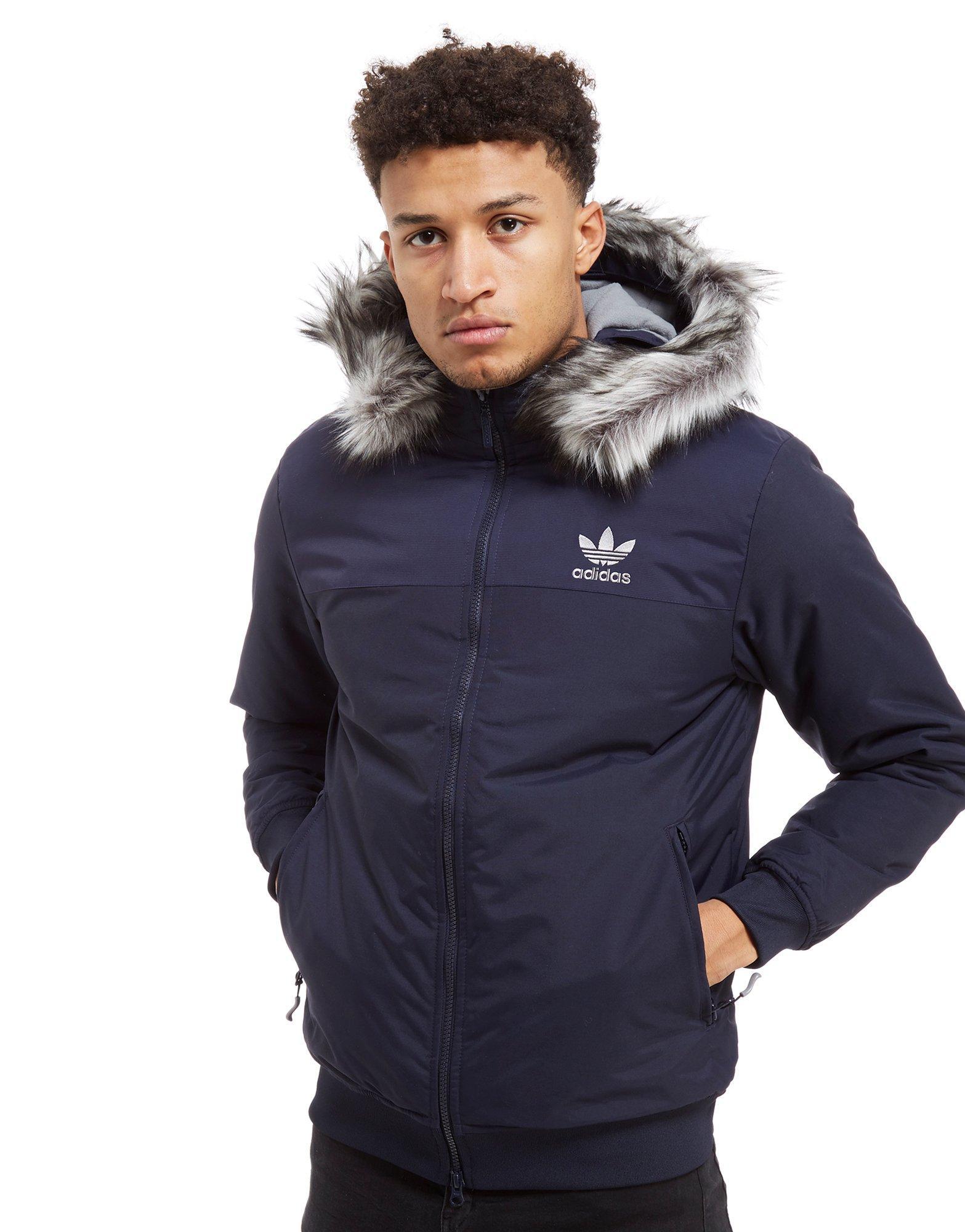 adidas Originals Trefoil Fur Padded Parka Jacket in Blue for Men - Lyst