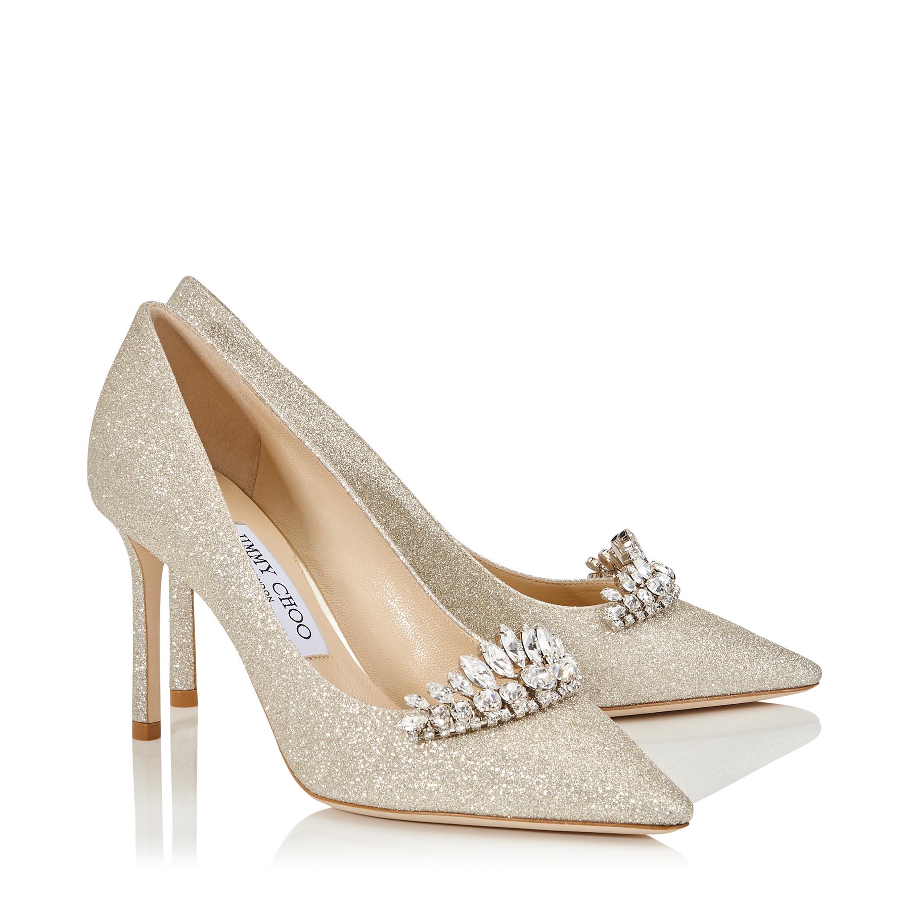 Jimmy Choo Romy 85 Platinum Ice Dusty Glitter Pointy Toe Pumps With