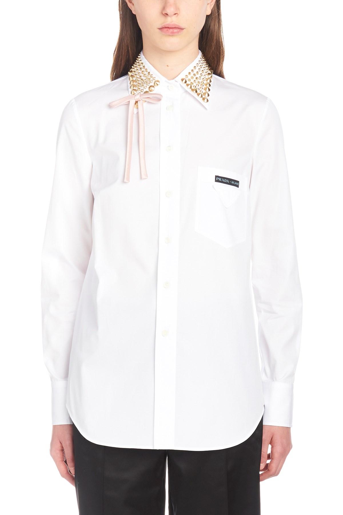 Prada Studded Neckline Shirt in White - Lyst