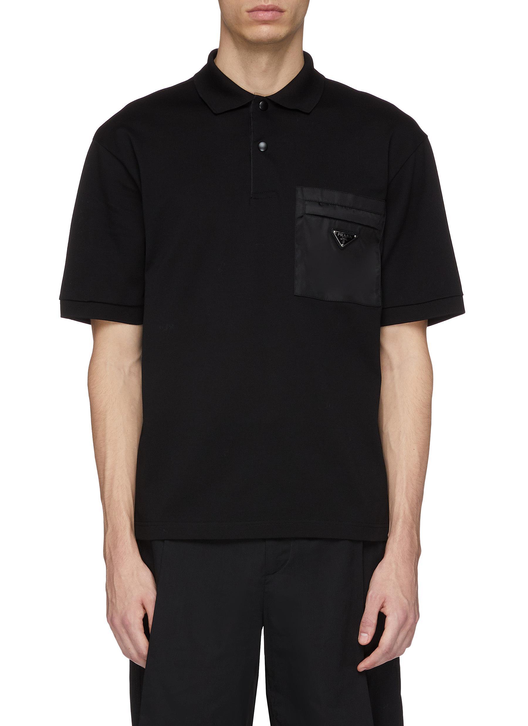 Prada Logo Plate Chest Pocket Polo Shirt in Black for Men - Lyst
