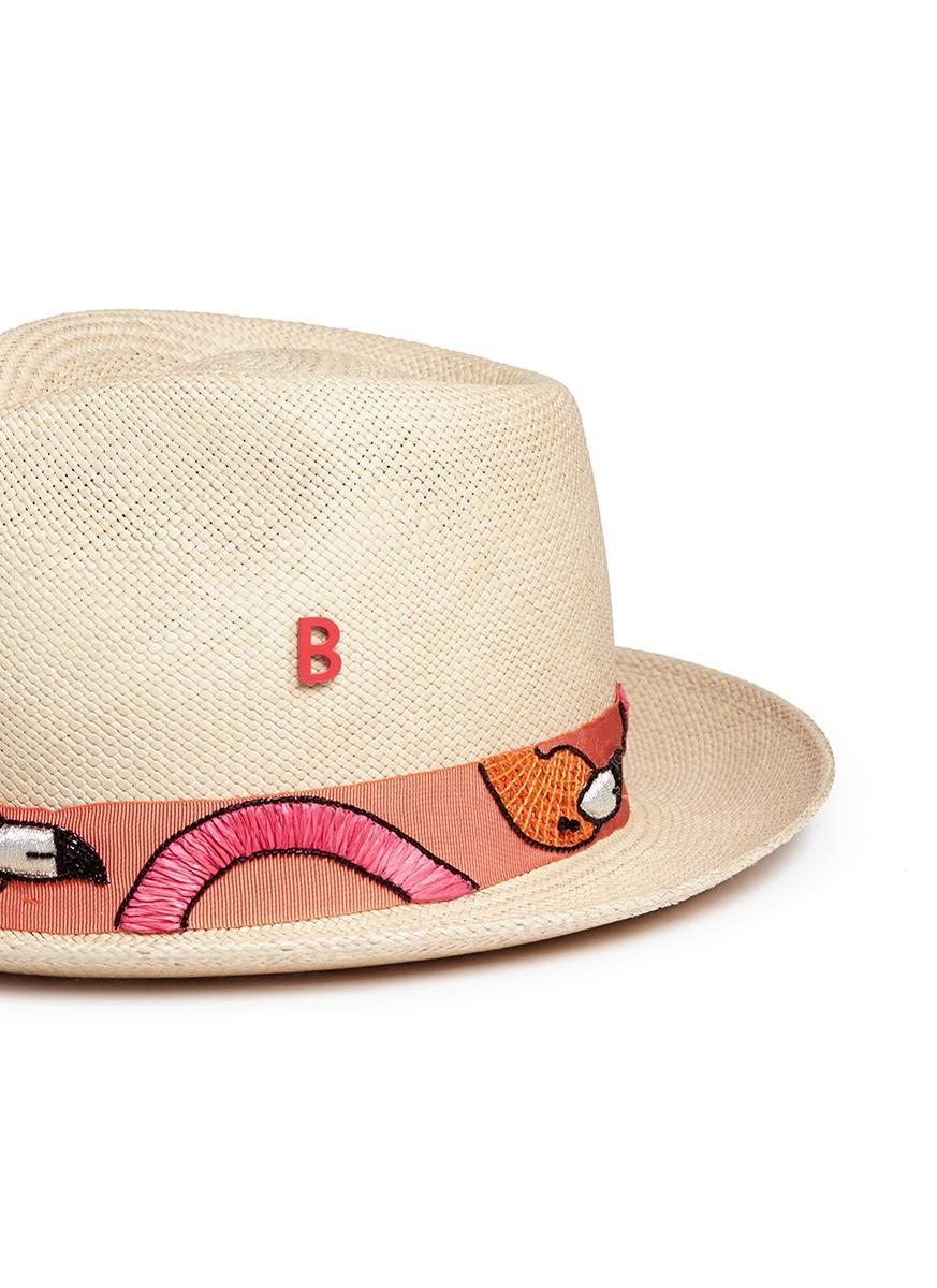 Lyst - My Bob '24 Hours' Flamingo Embroidery Straw Fedora ...