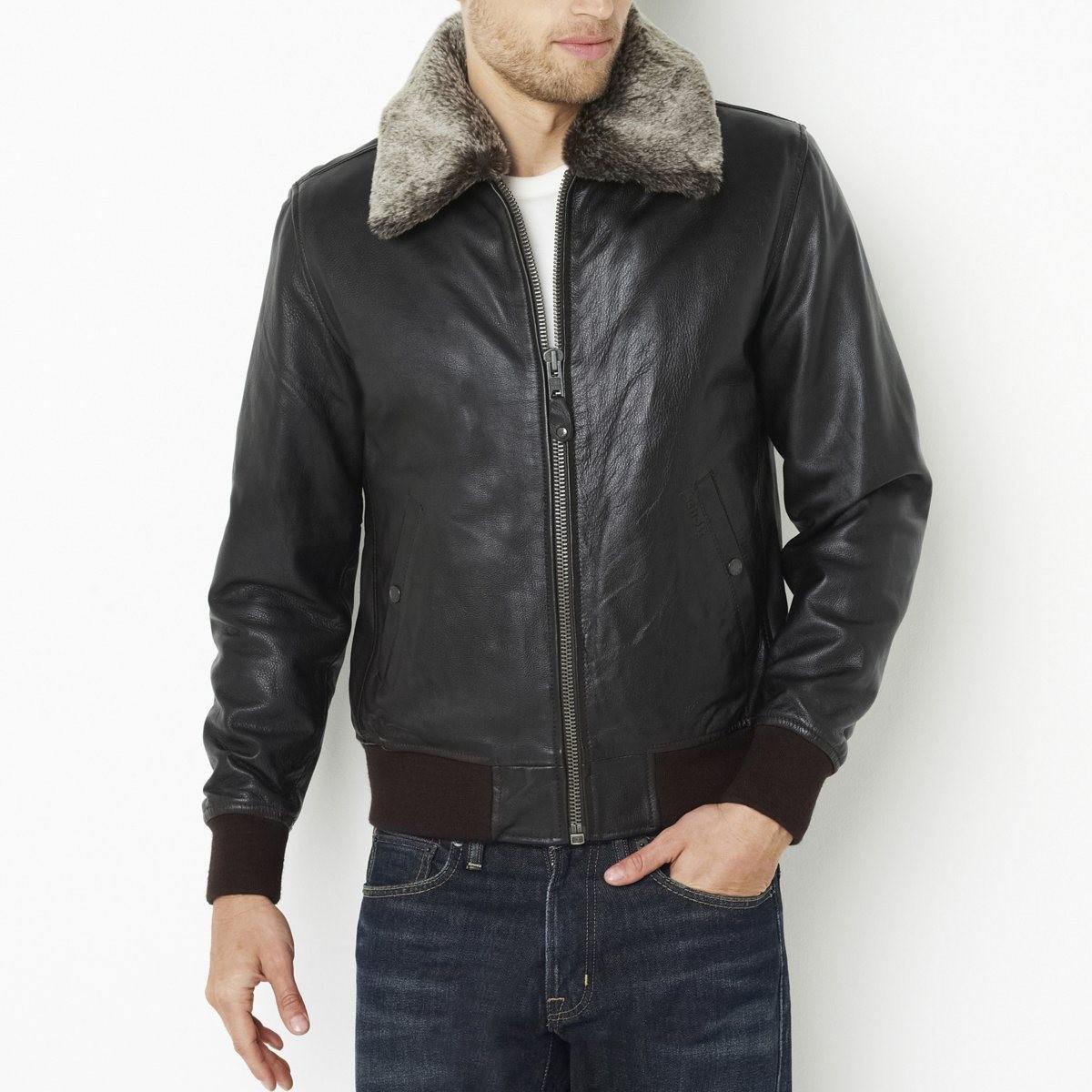Lyst - Schott Nyc Leather Blouson Jacket With Faux Fur Collar in Brown ...