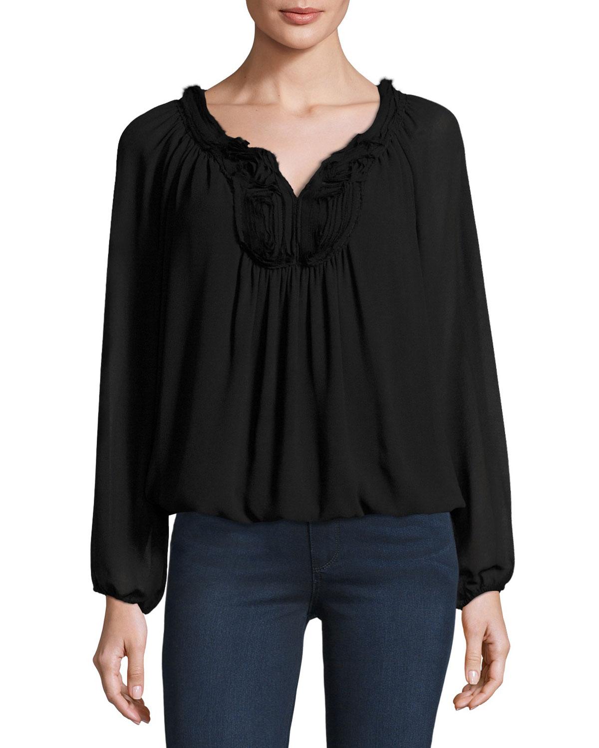 Lyst - Max Studio Embroidered-yoke Bubble-hem Blouse in Black