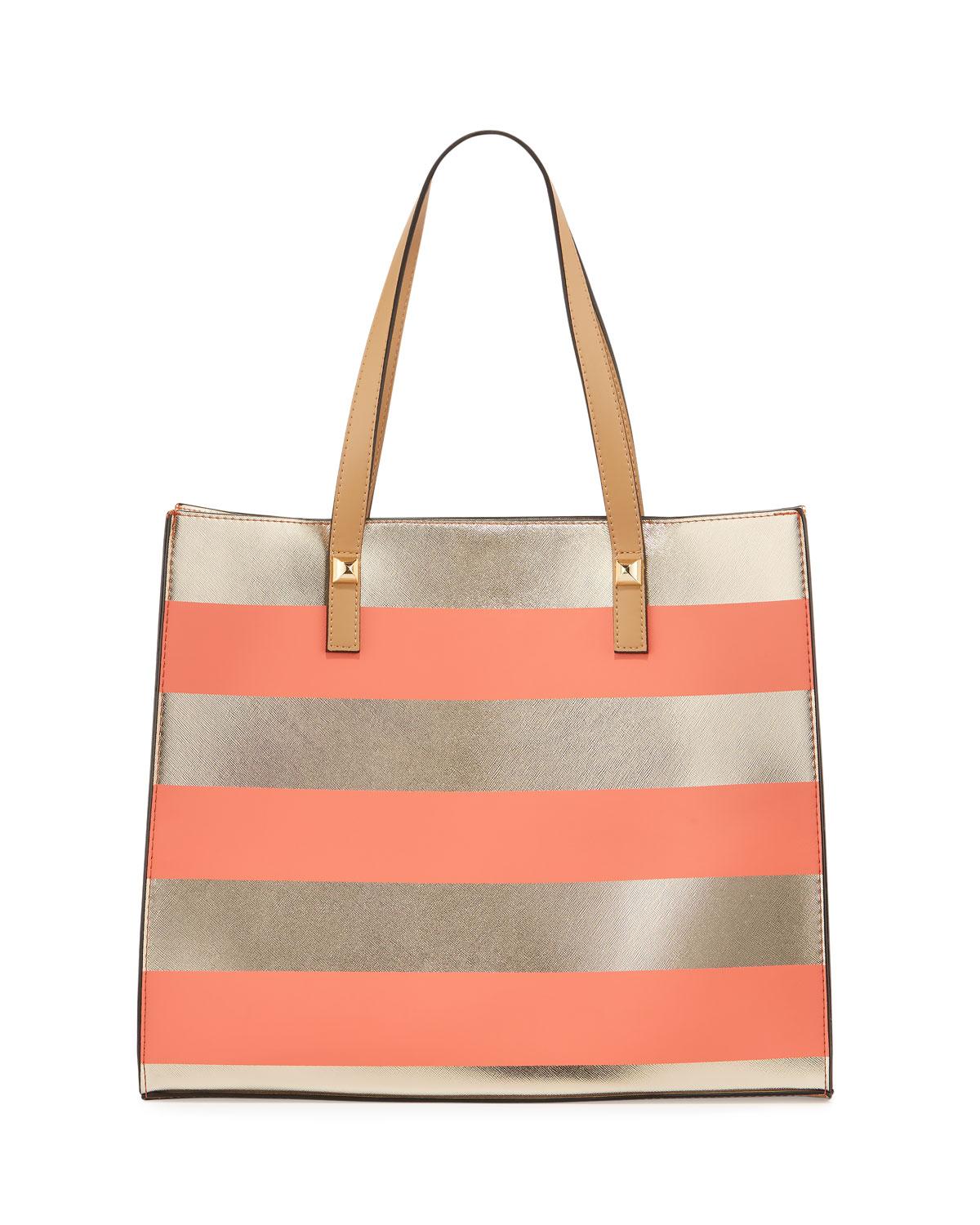 Lyst - Neiman Marcus Brigitte Metallic Striped Tote Bag in Orange