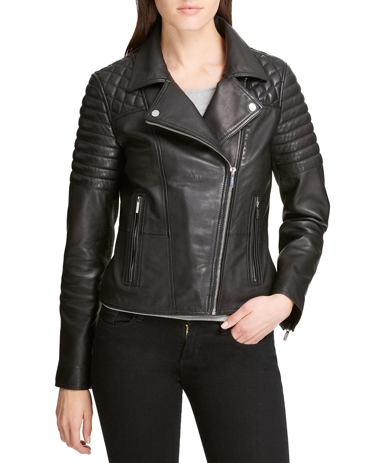 DKNY Leather Solid Quilted Asymmetrical Moto Jacket in Black - Lyst