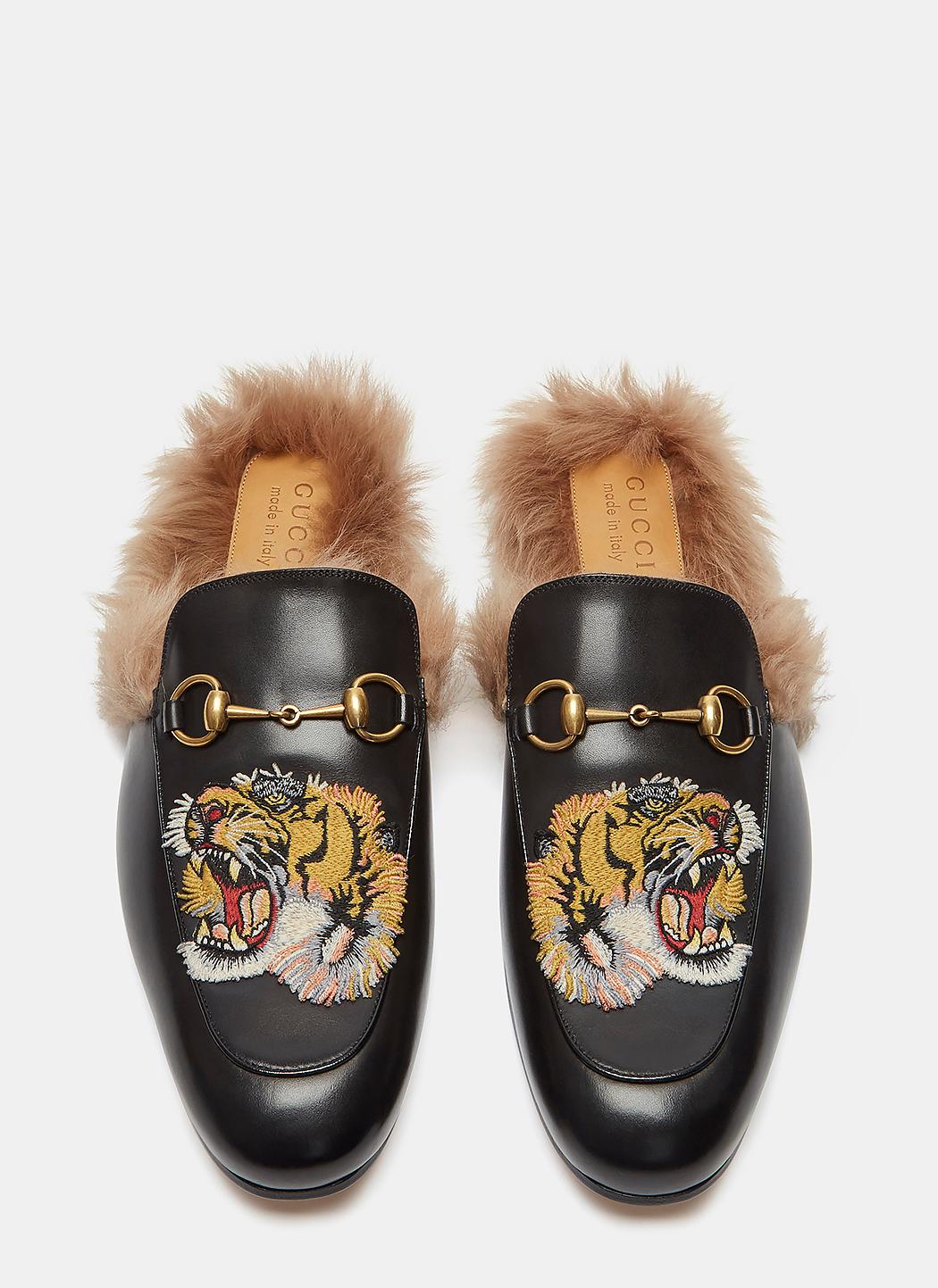 Men\u0027s Princetown Tiger Embroidered Fur Slip,on Loafers In Black