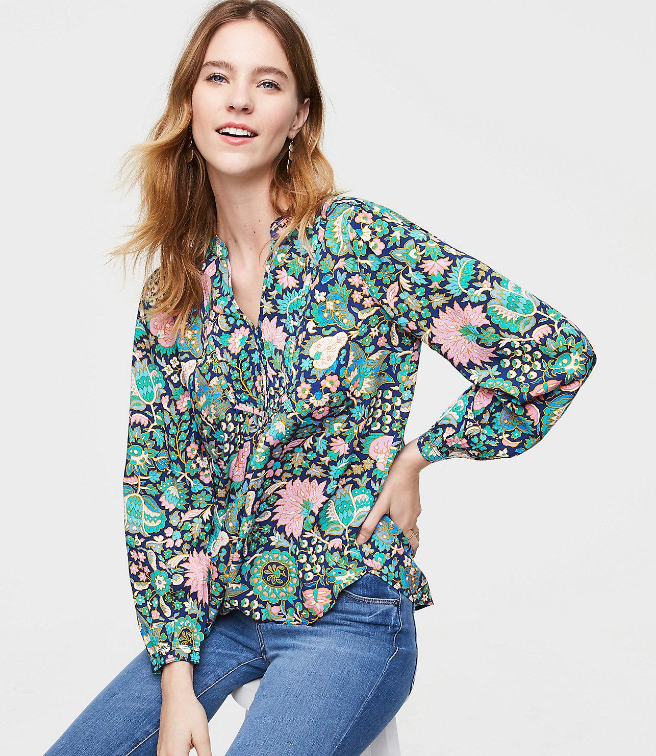 Lyst - Loft Petite Floriculture Split Neck Bib Blouse in Blue