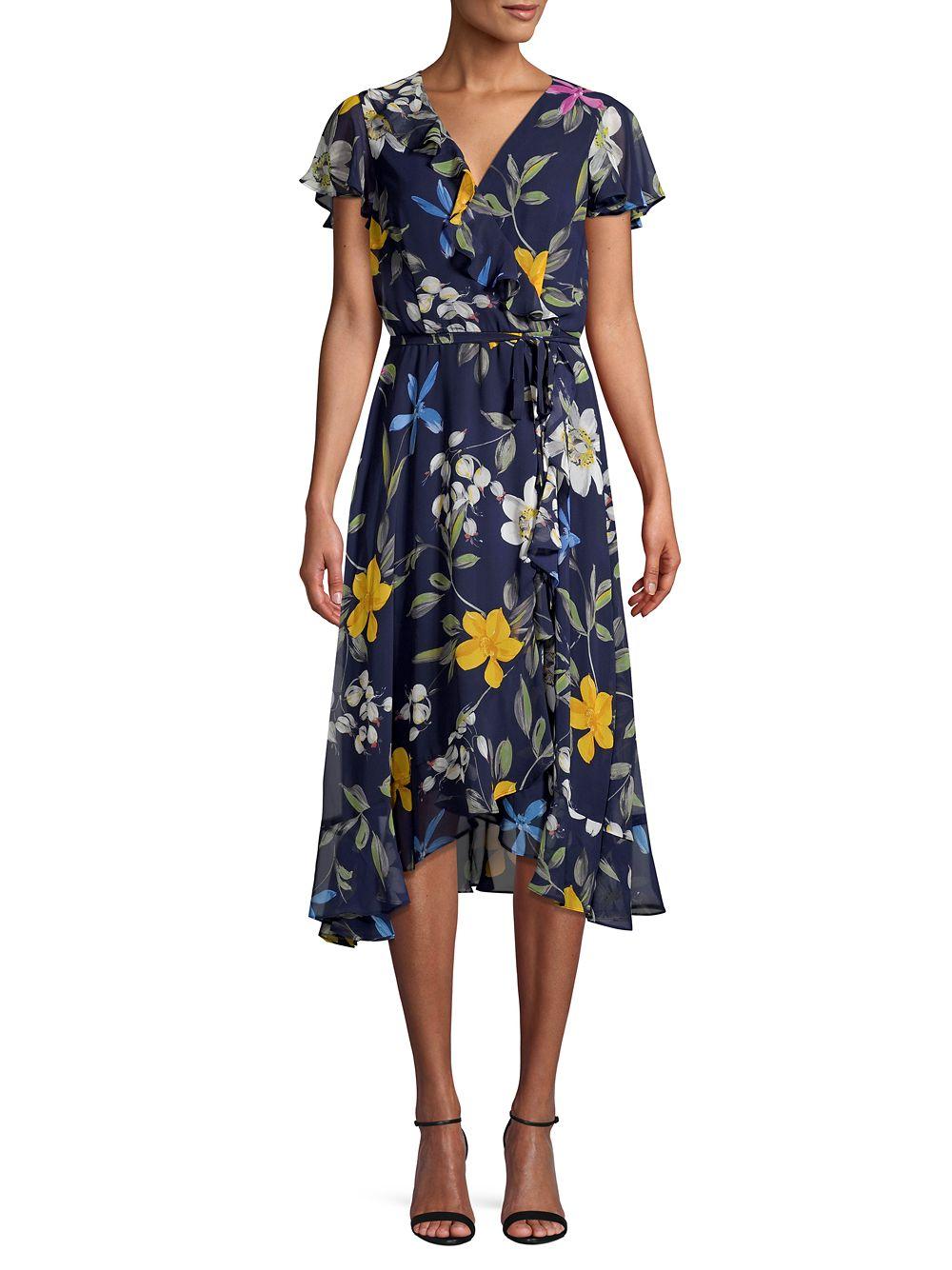 Adrianna Papell Ruffle-trimmed Floral Dress in Blue - Lyst