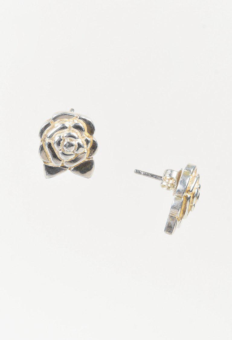 Lyst Chanel Sterling Silver Camellia Flower Stud Earrings In Metallic Gallery