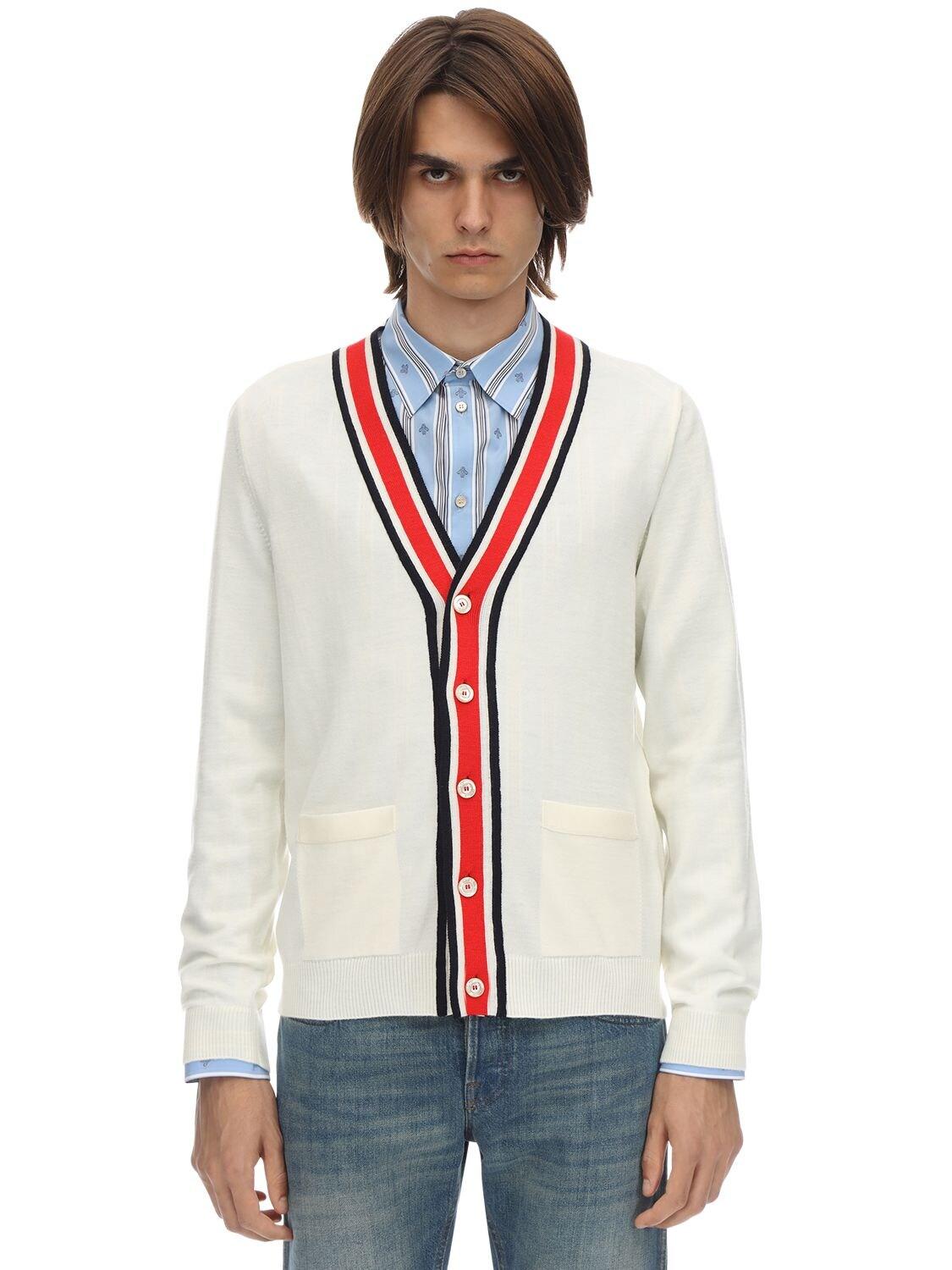 Gucci Web V-neck Wool Knit Cardigan in White for Men - Lyst